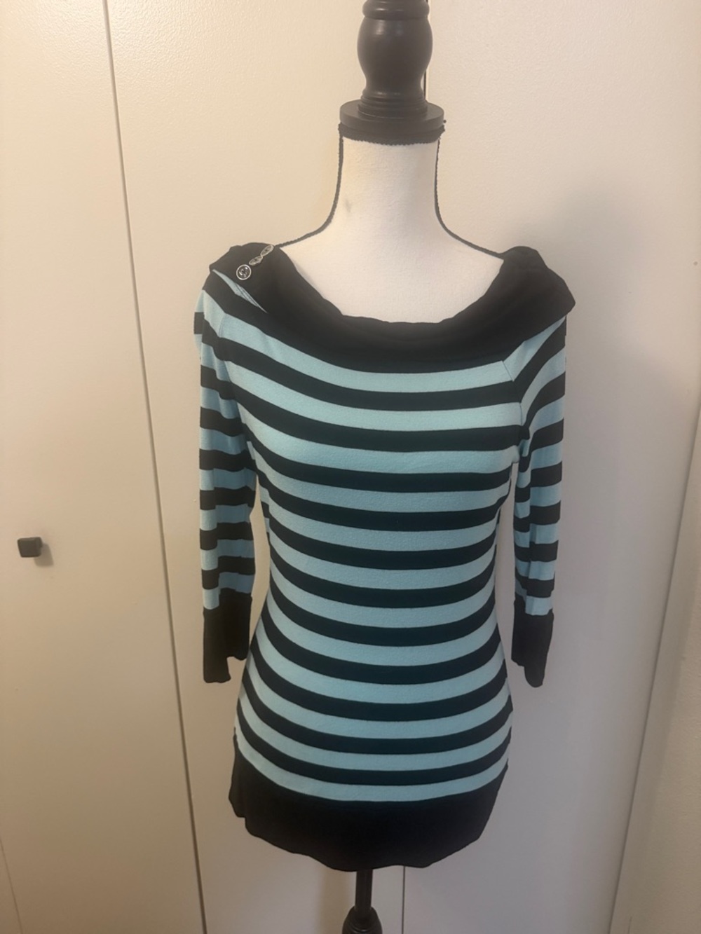 Striped Boatneck Knit Top in Light Blue and Black